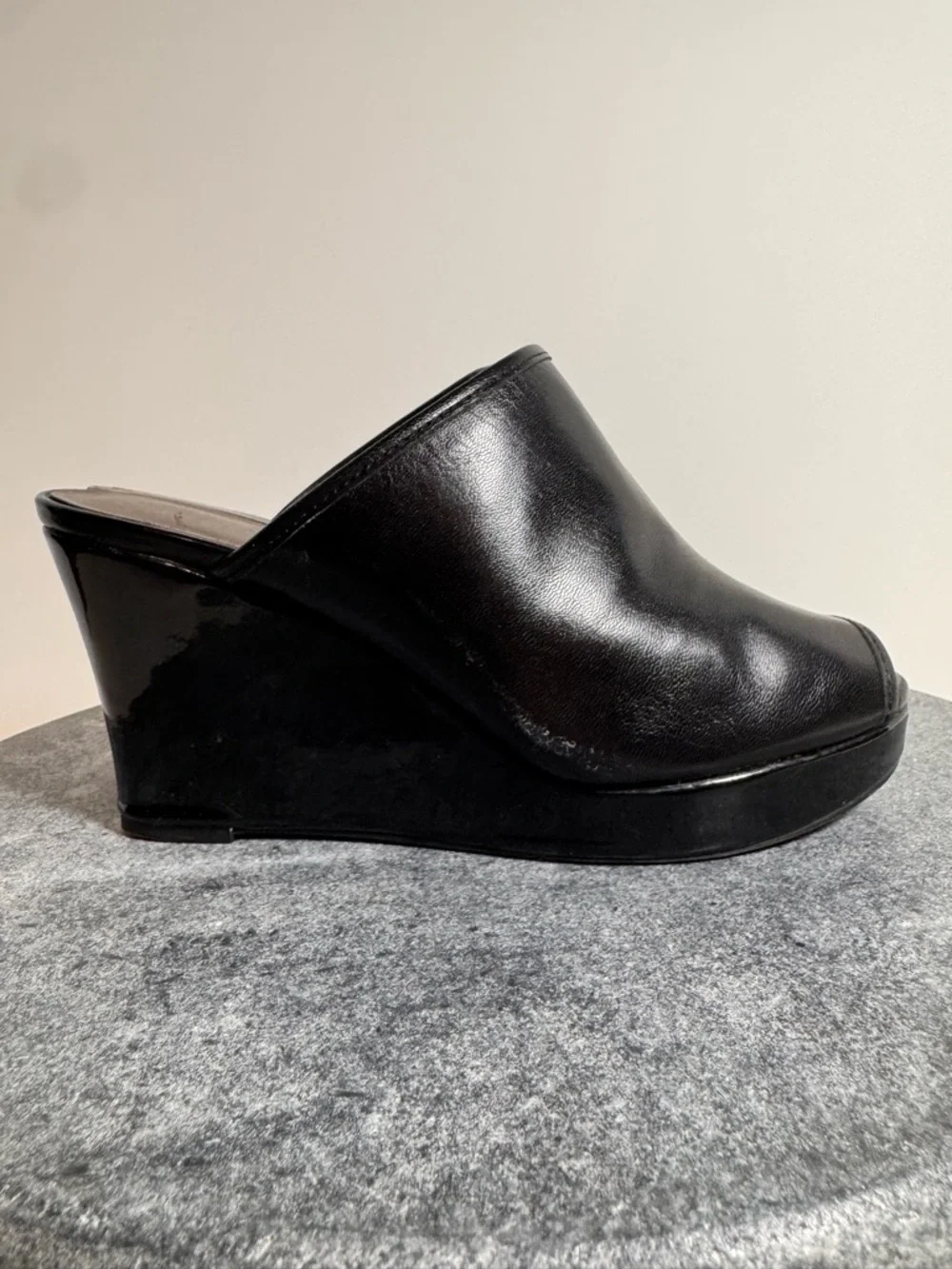 Vintage 90s Black Wedge Mules Heels 6